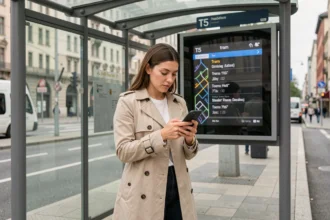 Femme consultant les horaires du tramway T5 sur son smartphone à un arrêt de tram moderne en ville