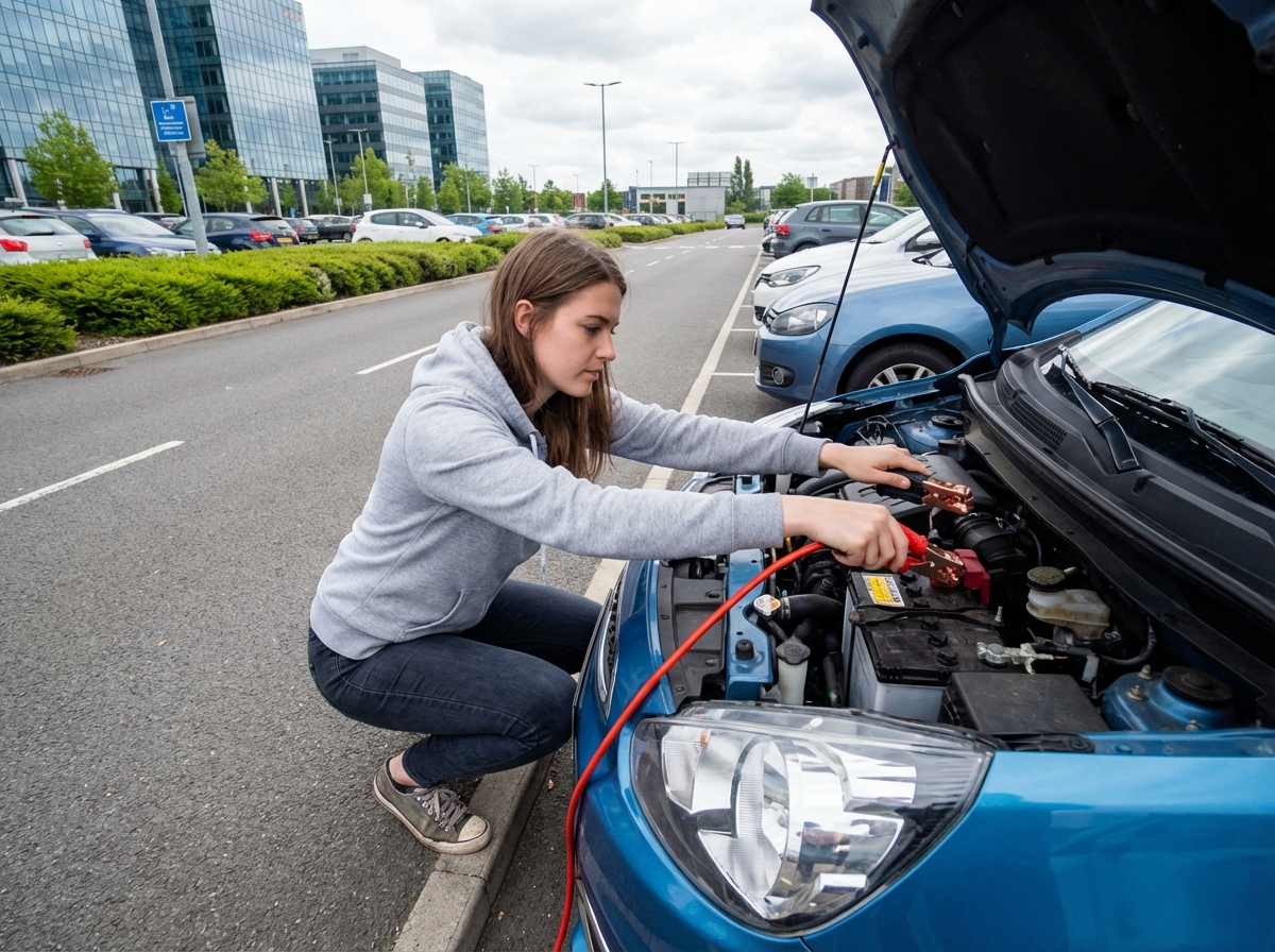 Jeune femme connectant des câbles de démarrage à sa voiture