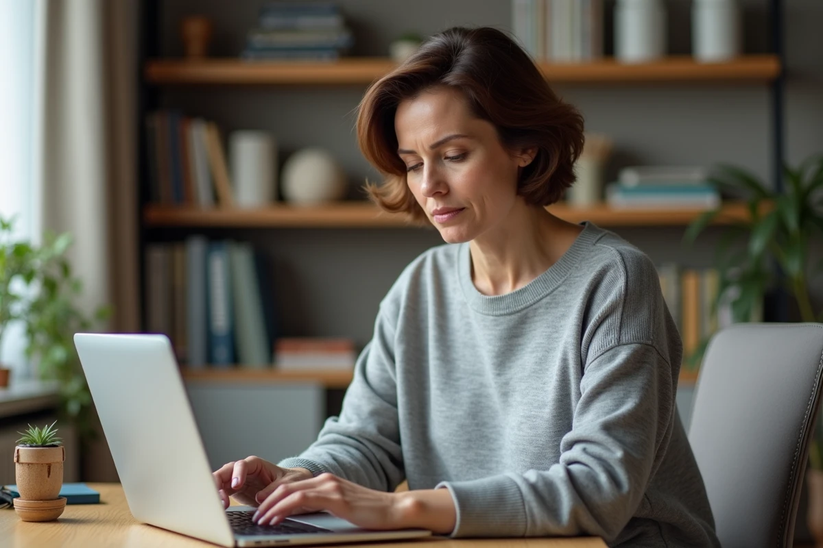 Femme lisant un article du blog auto-moto Webcarnews sur son ordinateur portable dans un bureau à domicile