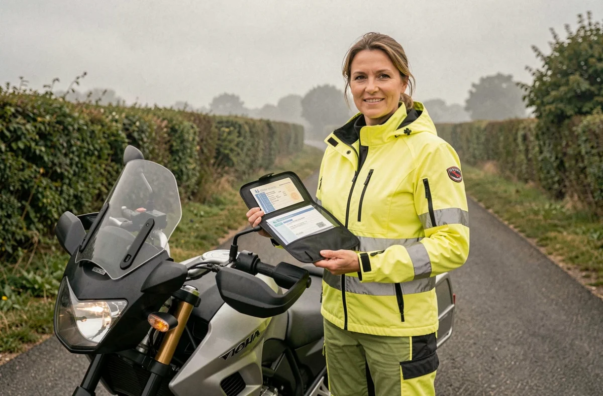 Femme motarde présentant son attestation d'assurance moto dans une pochette imperméable en bord de route rurale
