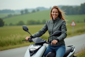 Femme souriante en moto textile dans la campagne