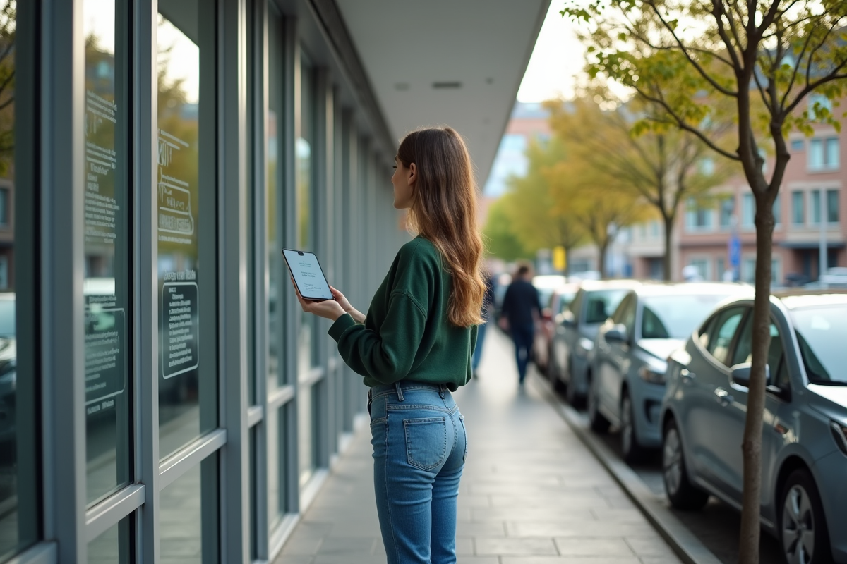 Jeune femme regardant un panneau d