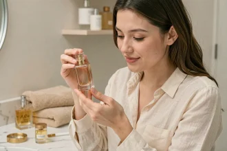 Jeune femme tenant un flacon de parfum personnalisé sur un plan de travail en marbre blanc dans une salle de bain minimaliste