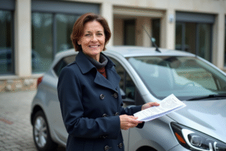 Femme française avec documents voiture devant préfecture