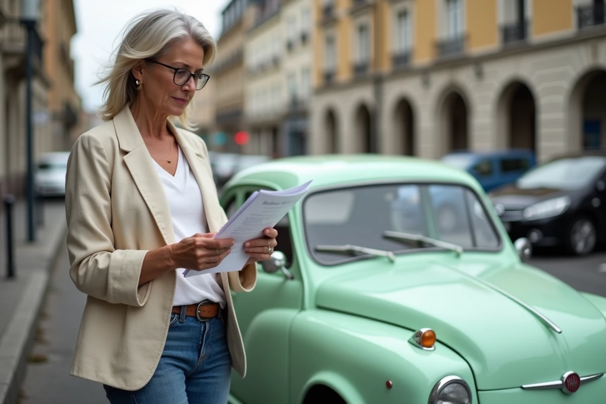 Une femme examine le prix d'une Fiat Topolino d'occasion dans un parking urbain, évaluant la rentabilité de l'achat
