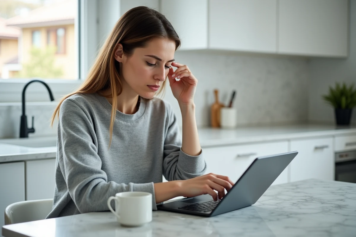 Femme consultant un site de conseil en fiabilité automobile sur une tablette dans une cuisine moderne