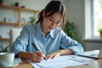 Femme remplissant un formulaire de cession de vente PDF imprimé à son bureau à domicile
