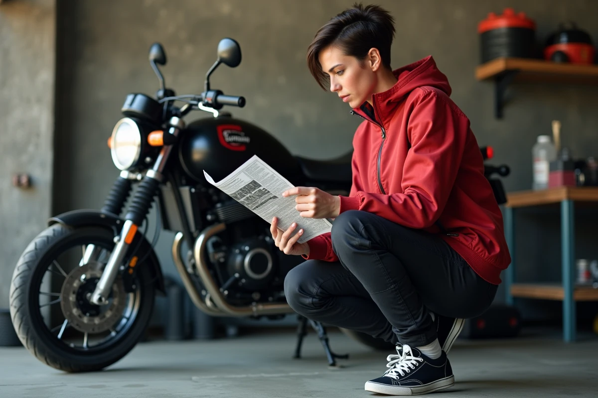 Femme vérifiant sa moto dans un garage