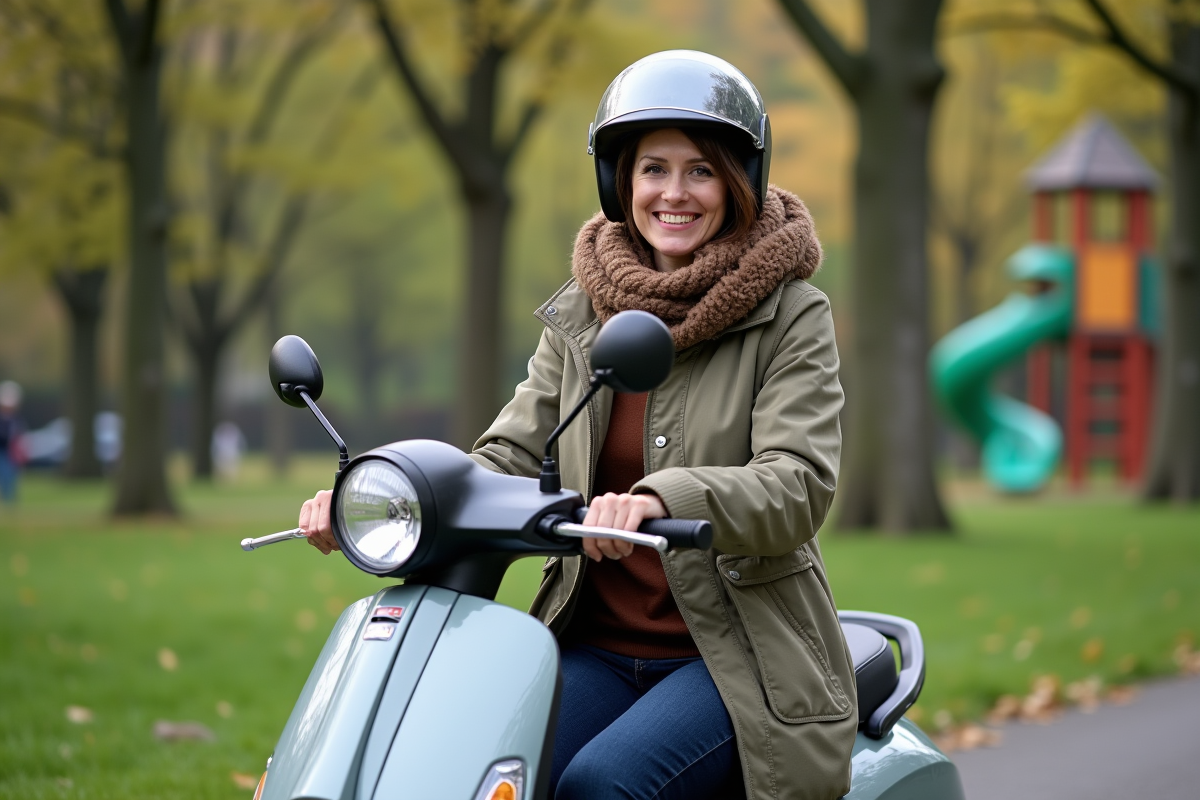 Femme sur un scooter dans un parc verdoyant