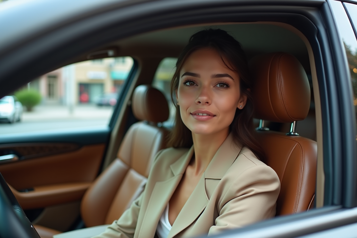 Femme élégante dans la voiture en milieu urbain