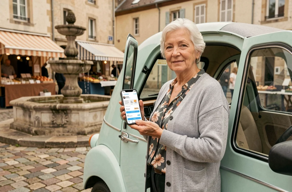 Femme âgée consultant une application d'assurance voiturette sur son téléphone sur une place de marché