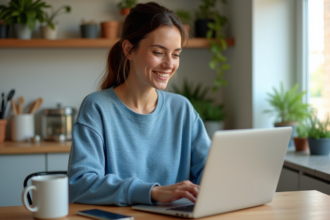 Femme souriante travaillant sur son ordinateur dans la cuisine