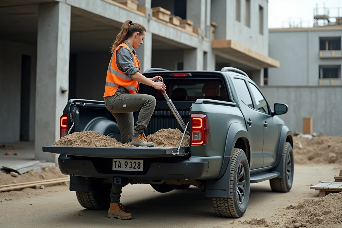 Femme chargeant outils dans pickup 2026 en chantier