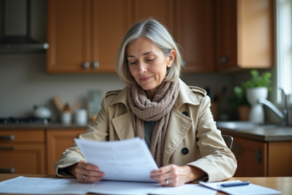 Femme d'âge moyen étudie documents d'assurance auto à la maison