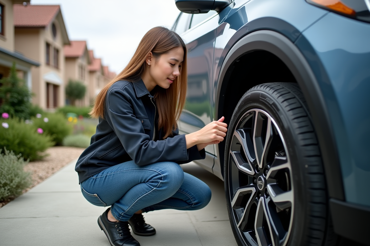 Jeune femme inspectant le système de freinage d