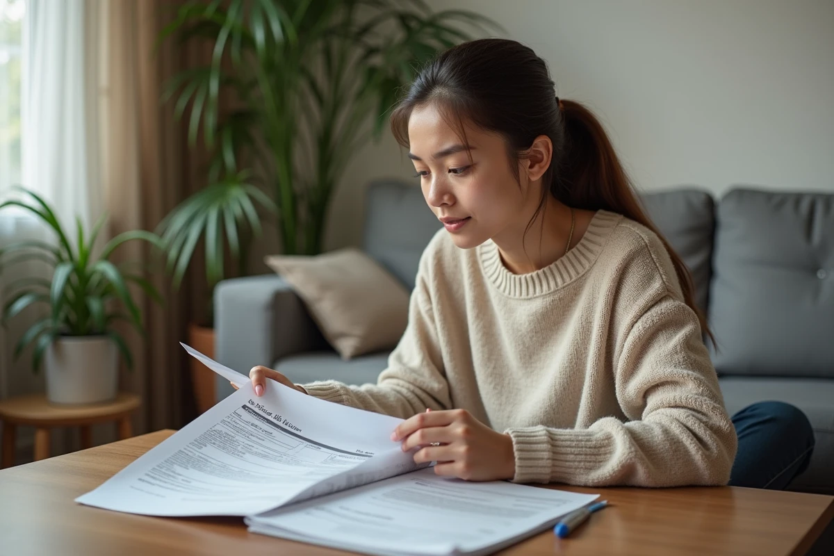 Jeune femme inspecte des documents de voiture à la maison