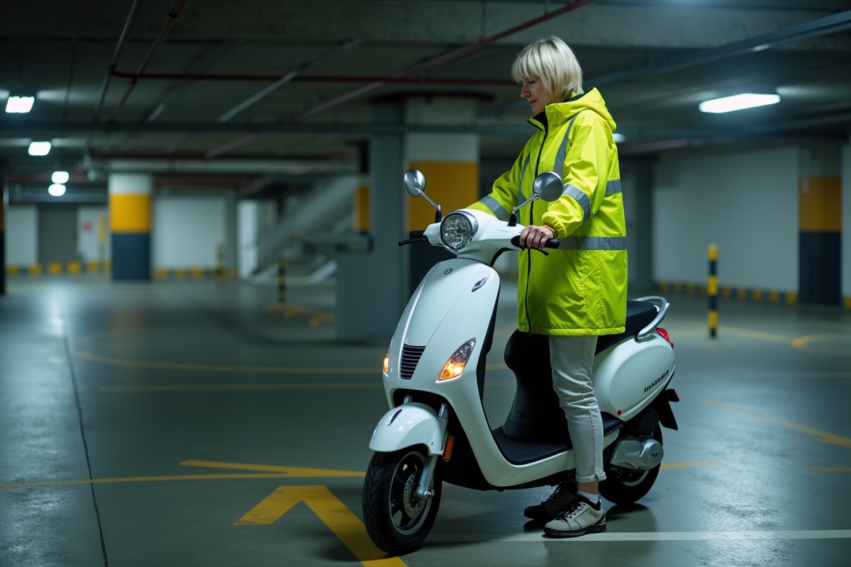 Femme vérifiant son antivol de scooter dans un parking éclairé
