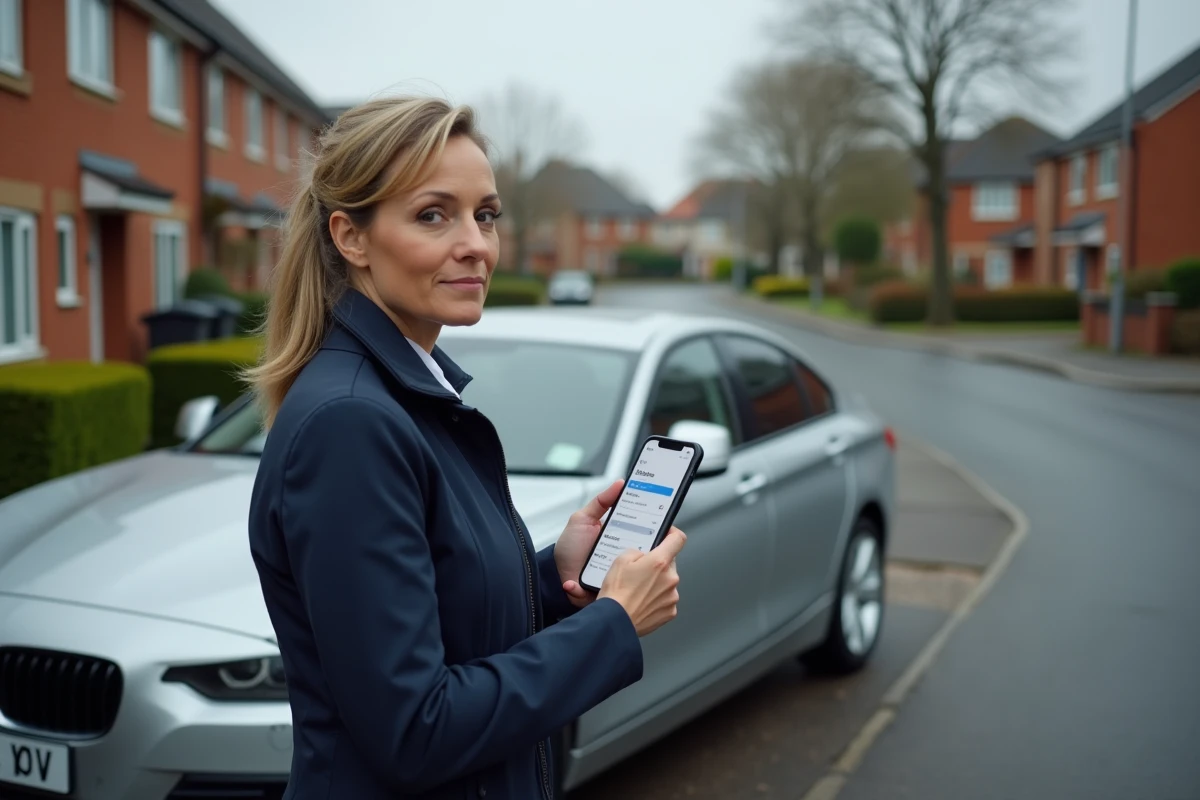 Femme debout à côté de sa voiture à vendre consultant les options d'annonce payante sur son smartphone