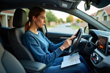 Jeune femme dans une voiture vérifiant un voyant d'alerte