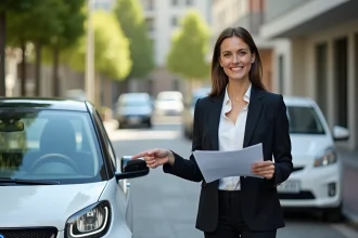 Femme en costume pointant une voiture électrique en ville