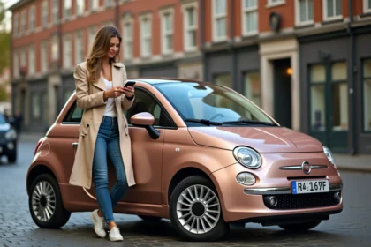Femme élégante en trench beige et jeans près d'une Fiat 500 rose or