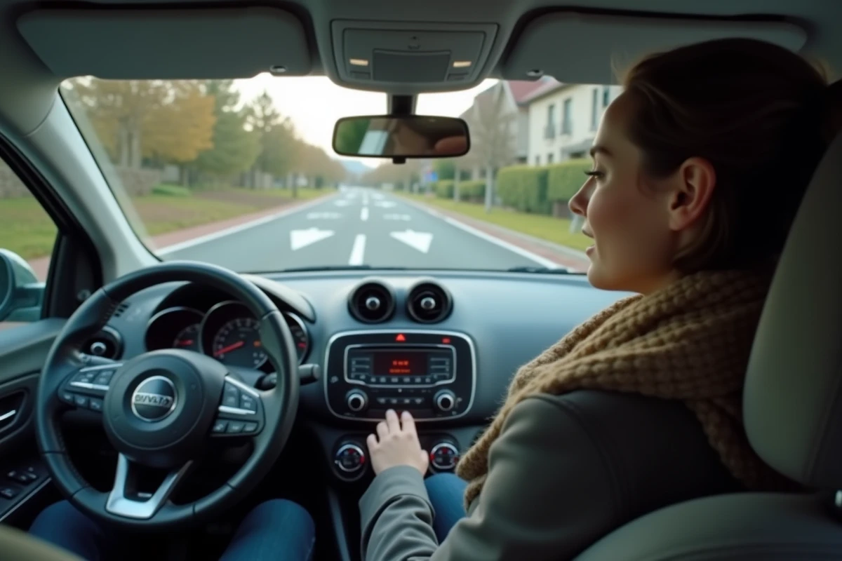Jeune femme conduisant vers une route prioritaire en banlieue