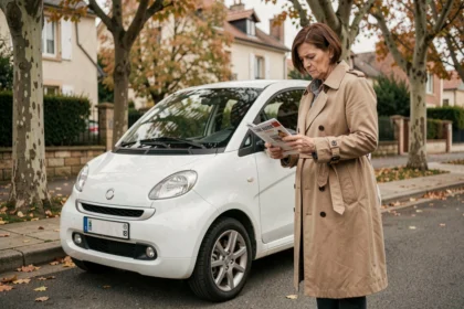 Femme examinant une brochure de voiture sans permis garée dans une rue résidentielle française