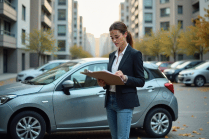 Jeune femme en blazer vérifiant documents à côté de sa voiture