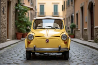 Fiat Topolino électrique d'occasion en version cabriolet garée dans une ruelle pavée d'un village français, vue de trois quarts avant