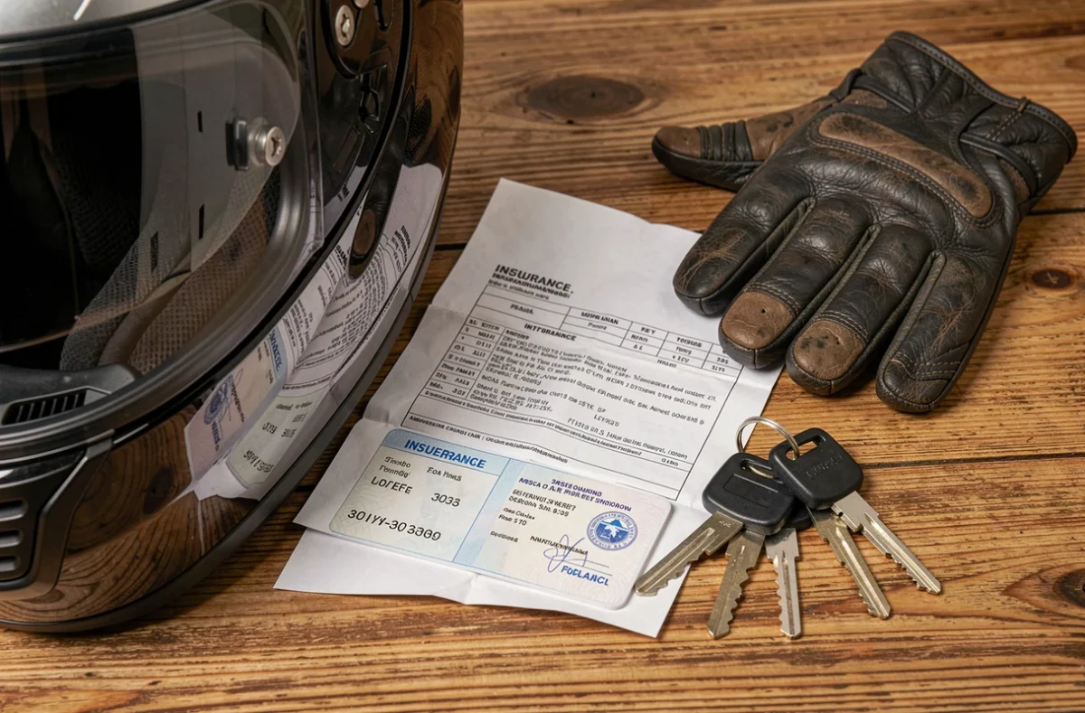 Vue de dessus d'un bureau avec casque moto, contrat d'assurance et permis de conduire
