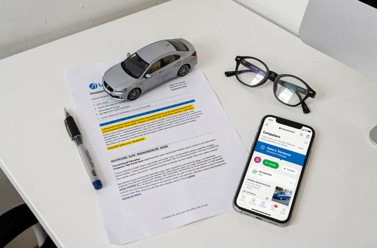 Mise en scène d'un contrat d'assurance tous risques avec miniature de voiture, stylo et smartphone sur un bureau épuré