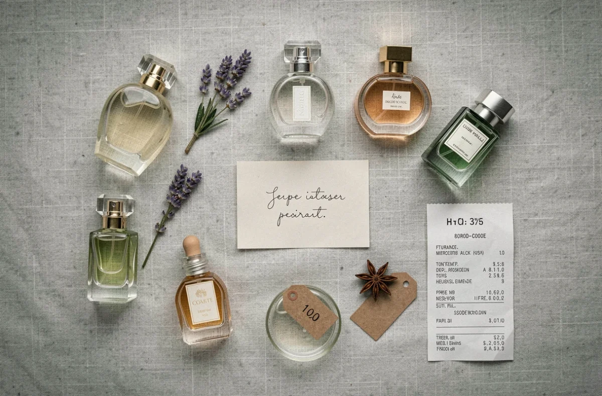 Flat-lay de flacons de parfum personnalisés avec étiquettes artisanales, plantes séchées et étiquette prix sur tissu lin gris