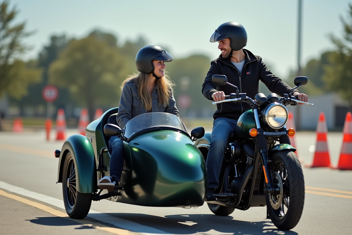 Instructeur expliquant les commandes d une moto à une jeune femme