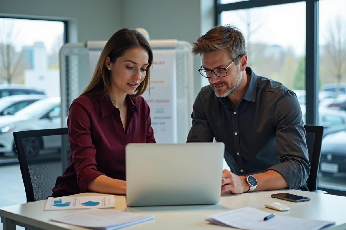 Deux collaborateurs d'une concession automobile consultant ensemble les réglages de productivité du logiciel Dialogys sur un ordinateur portable en salle de formation