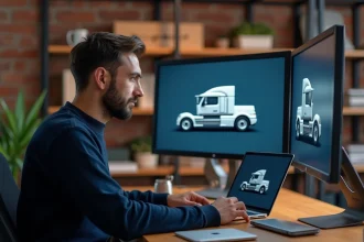 Graphiste professionnel analysant un logo vectoriel de marque de camion sur écran de studio