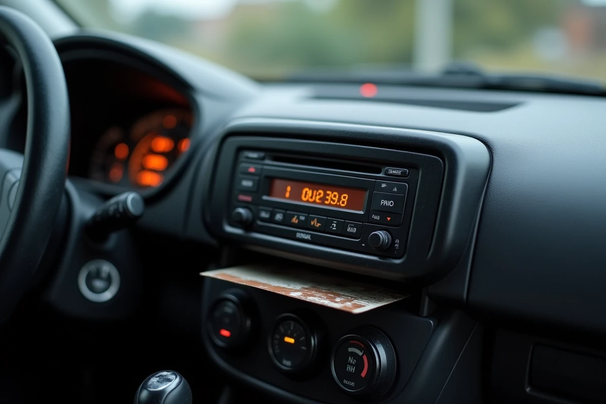 Gros plan sur l'autoradio d'une Renault Clio 3 affichant une demande de code de déverrouillage