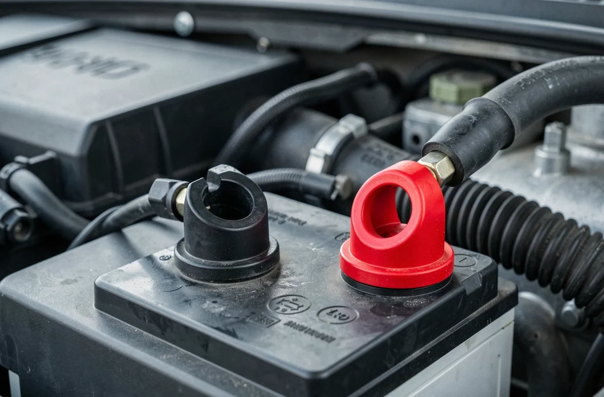 Gros plan sur les bornes d'une batterie de voiture avec le câble négatif débranché pour réinitialiser un défaut moteur