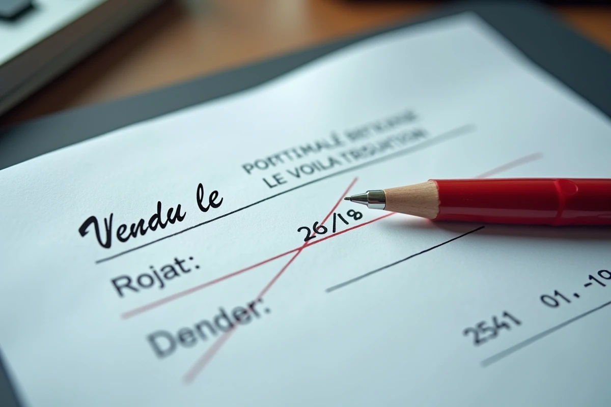 Gros plan d'une carte grise rayée avec la mention vendu le et un stylo rouge posé dessus