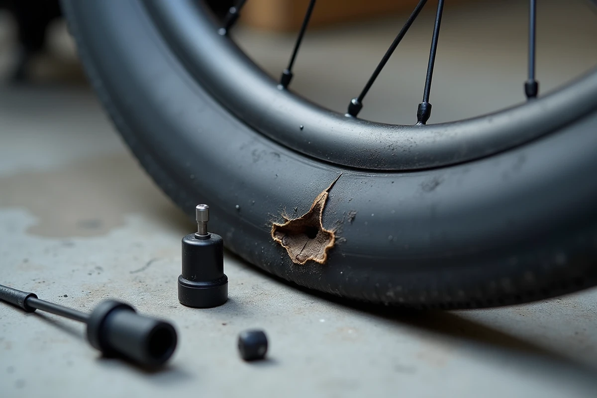 Gros plan sur une entaille profonde dans un pneu tubeless avec kit de réparation et résidu de sealant séché