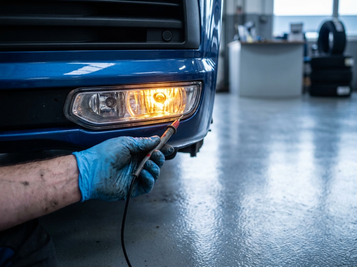Gros plan sur le feu antibrouillard d'un Transporter testé avec un outil de diagnostic électrique