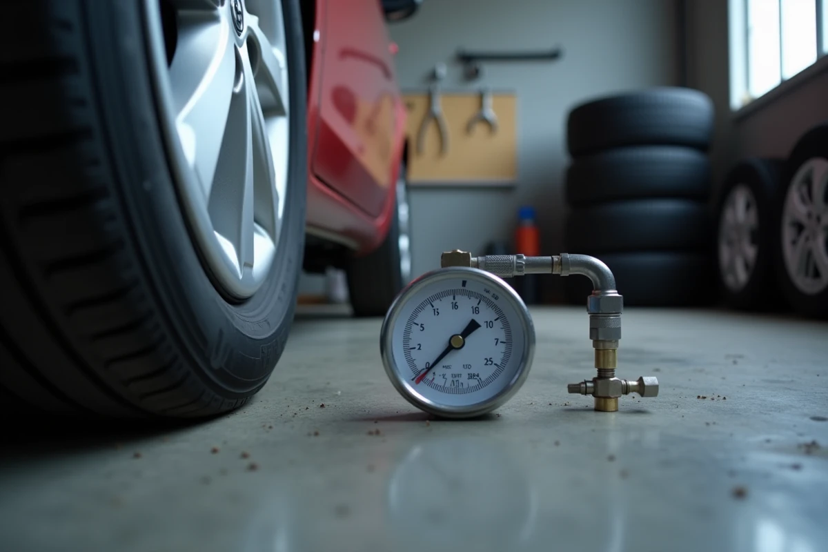 Gros plan sur un manomètre de pression inséré dans la valve d'un pneu neuf monté sur une Toyota Yaris Hybride en atelier