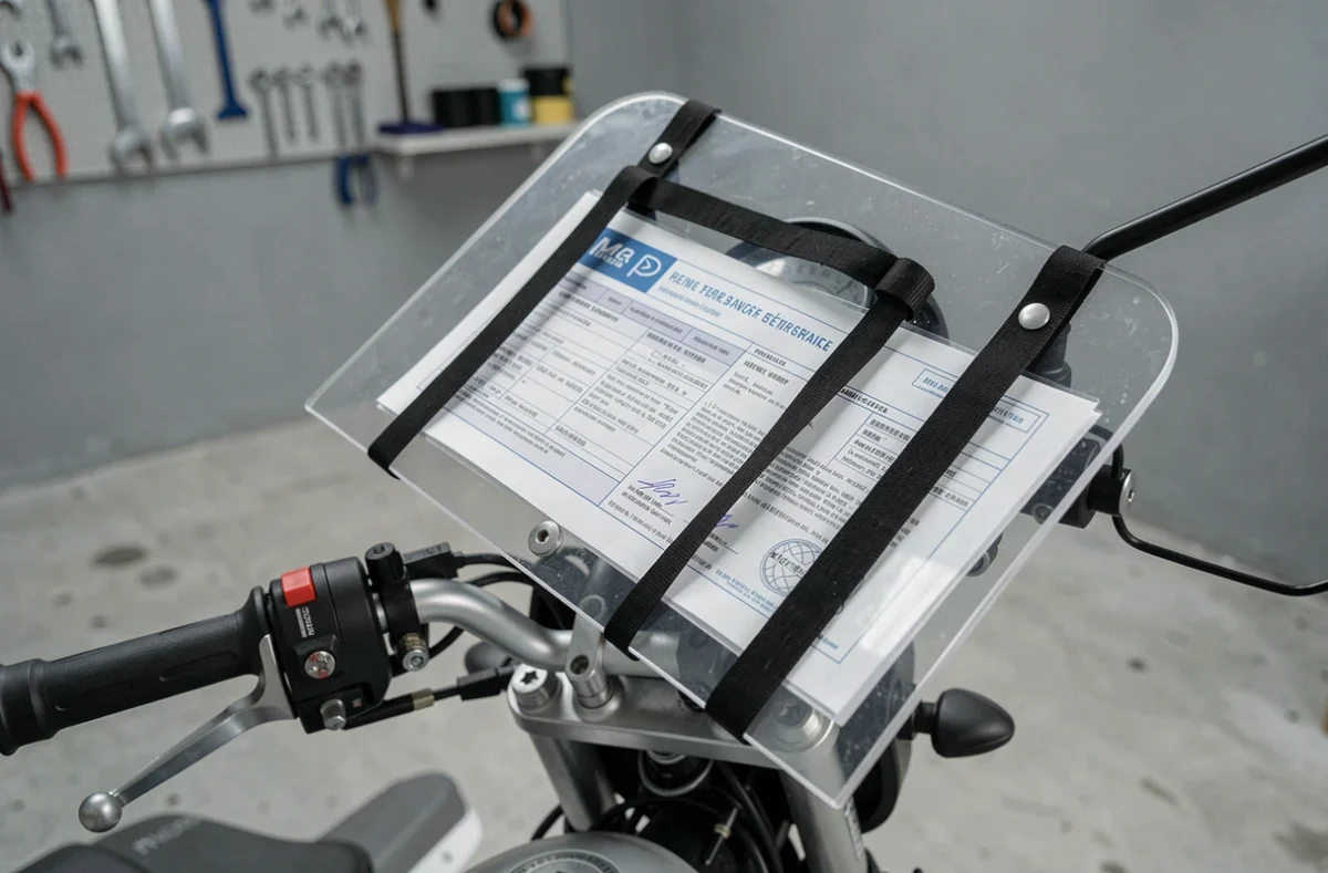 Gros plan sur un porte-documents réglementaire transparent fixé au pare-brise d'une moto dans un garage urbain