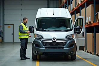 Technicien mesurant la hauteur intérieure d'un fourgon L2H2 dans un entrepôt logistique
