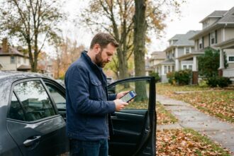 Homme utilisant une application d assistance routière sur smartphone