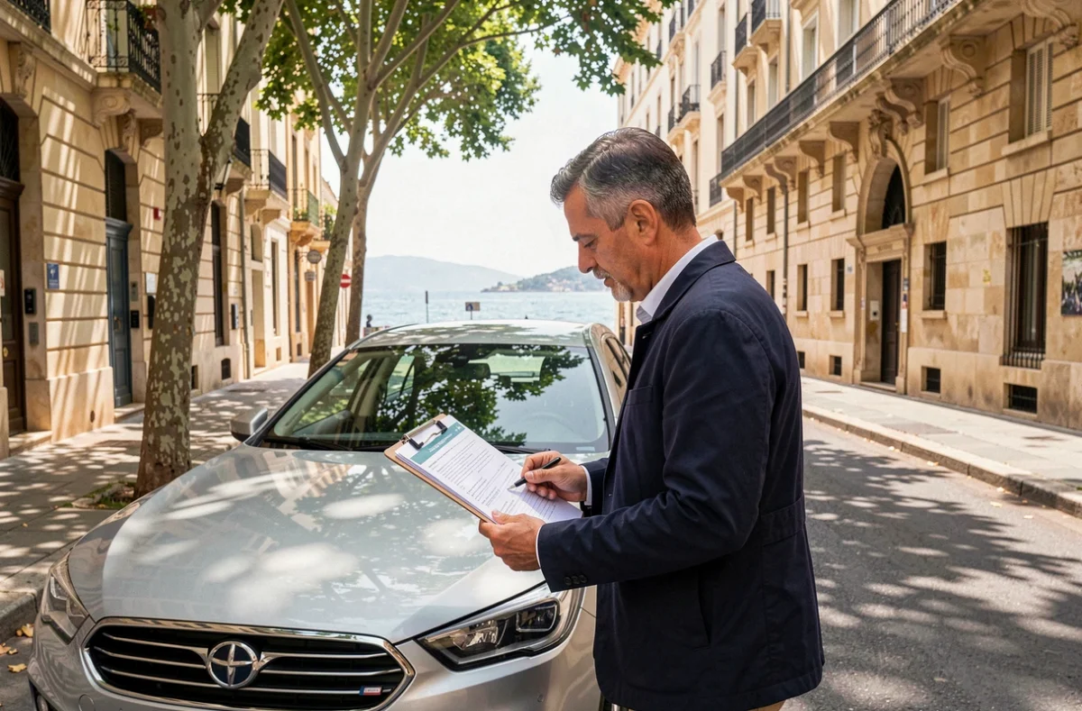 Homme consultant des documents d'assurance voiture à côté de son véhicule dans une rue de Marseille