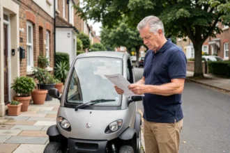 Homme examinant un document d'assurance à côté d'une voiturette électrique dans une rue résidentielle