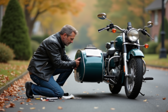 Homme attachant un sidecar vintage à sa moto classique