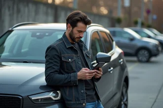 Homme consultant le blog automobile Webcarnews sur son smartphone appuyé contre un SUV en milieu urbain