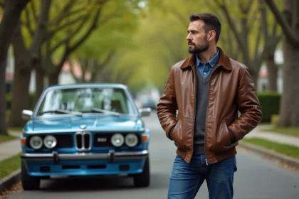 Homme en veste en cuir près d'une BMW 3 0 CSL dans une rue résidentielle
