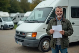 Homme d'âge moyen avec van camping d'occasion